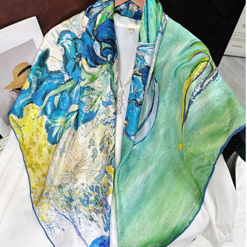 Mulberry Silk 14 Momme Square Scarf Iris Floral 108x108 cm - SinoCultural -- CXFJ016