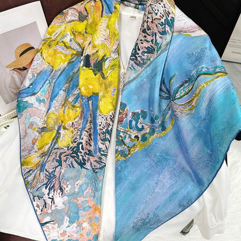 Mulberry Silk 14 Momme Square Scarf Iris Floral 108x108 cm - SinoCultural -- CXFJ016