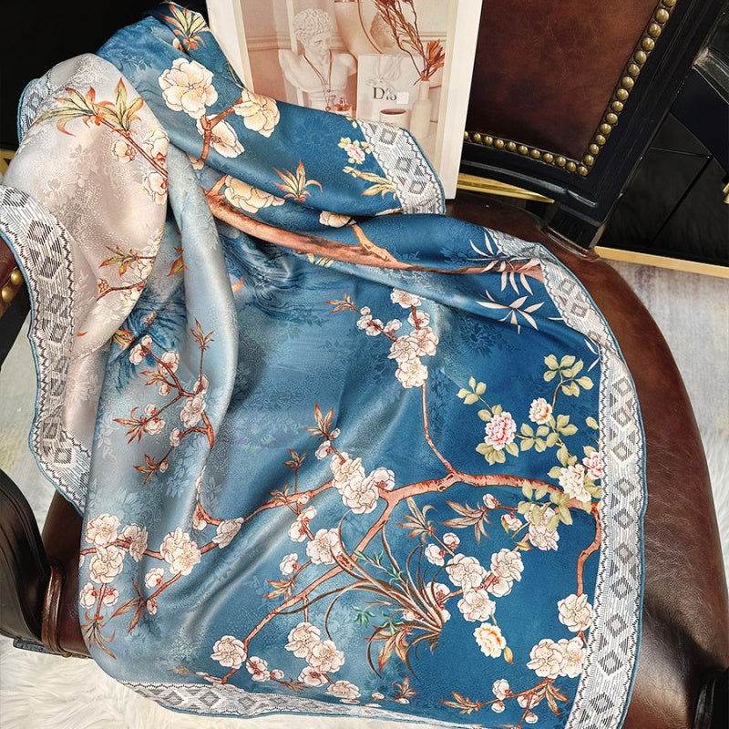 Mulberry Silk 14 Momme Square Scarf Plum Blossom 108x108 cm - SinoCultural -- CXFJ002