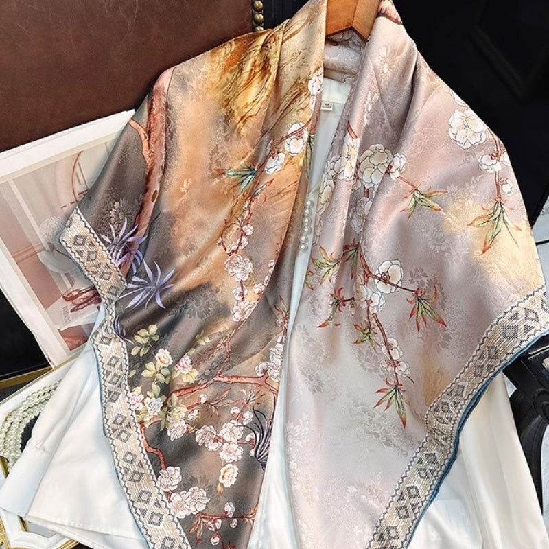 Mulberry Silk 14 Momme Square Scarf Plum Blossom 108x108 cm - SinoCultural -- CXFJ002