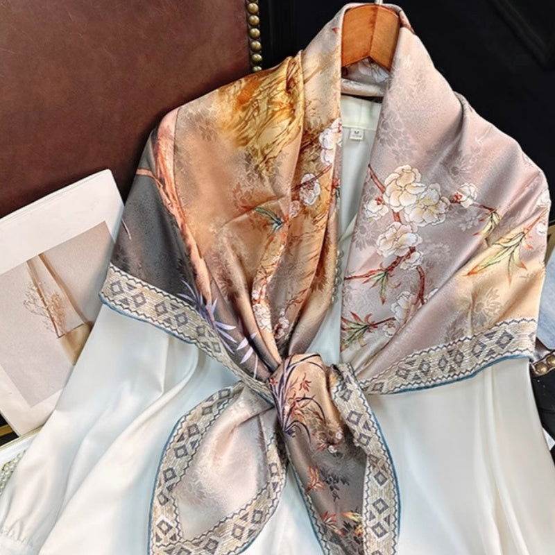 Mulberry Silk 14 Momme Square Scarf Plum Blossom 108x108 cm - SinoCultural -- CXFJ002