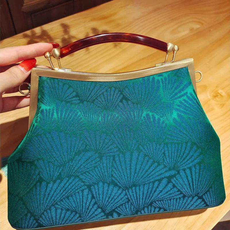 Mulberry Silk Green Pine Leaf Vintage Kiss Lock Clasp Bag - SinoCultural -- P270031