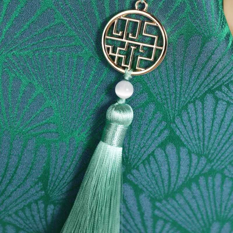 Mulberry Silk Green Pine Leaf Vintage Kiss Lock Clasp Bag - SinoCultural -- P270031