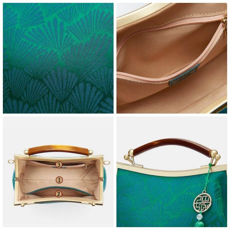 Mulberry Silk Green Pine Leaf Vintage Kiss Lock Clasp Bag - SinoCultural -- P270031