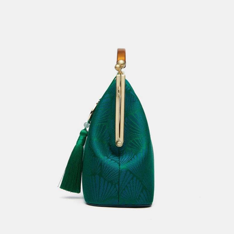Mulberry Silk Green Pine Leaf Vintage Kiss Lock Clasp Bag - SinoCultural -- P270031