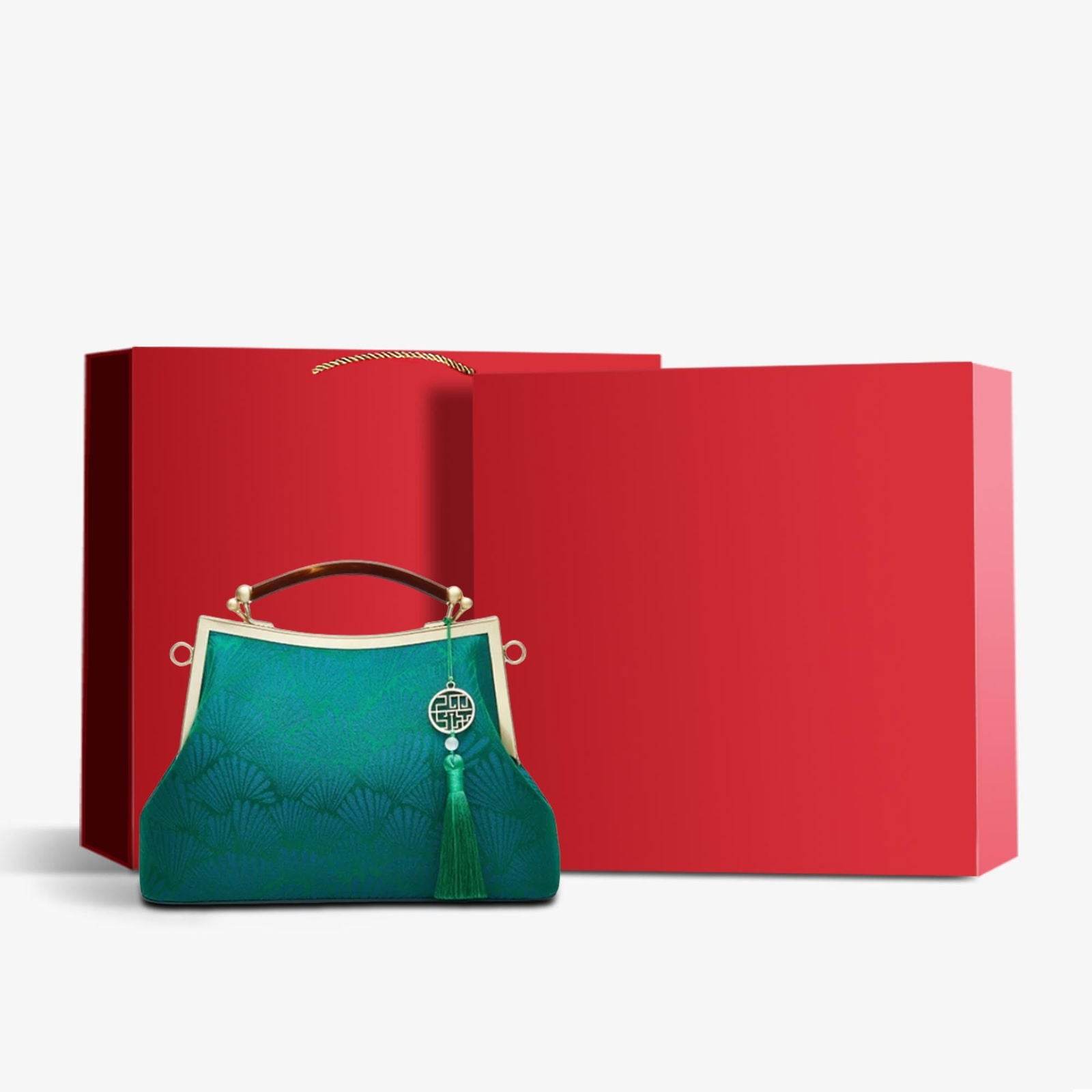 Mulberry Silk Green Pine Leaf Vintage Kiss Lock Clasp Bag - SinoCultural -- P270031