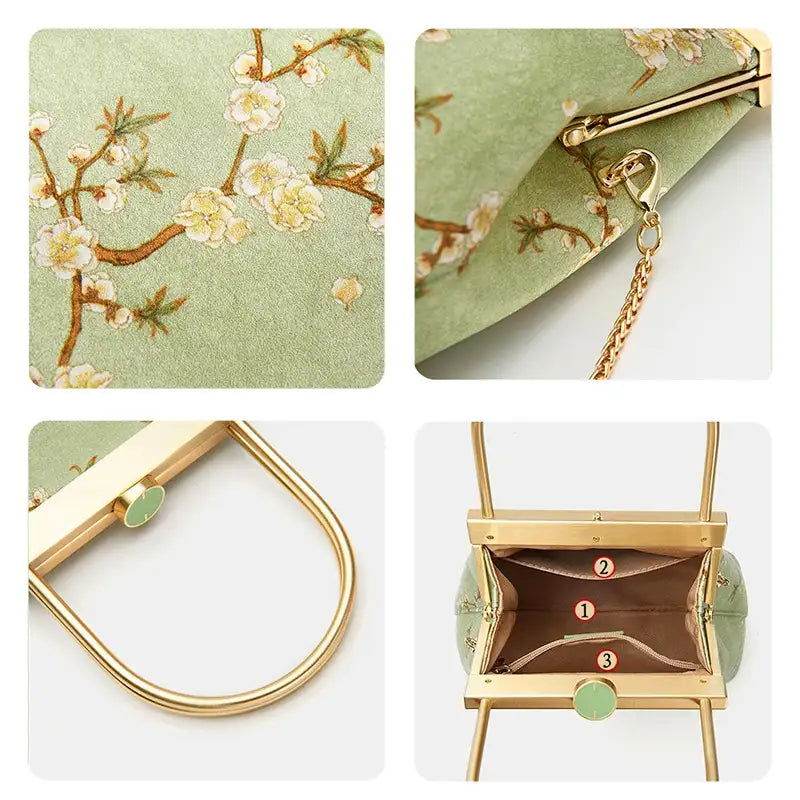 Mulberry Silk Luxury Light Green Kiss Lock Clutch Bag - SinoCultural -- P170118 -