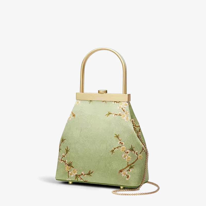 Mulberry Silk Luxury Light Green Kiss Lock Clutch Bag - SinoCultural -- P170118 -