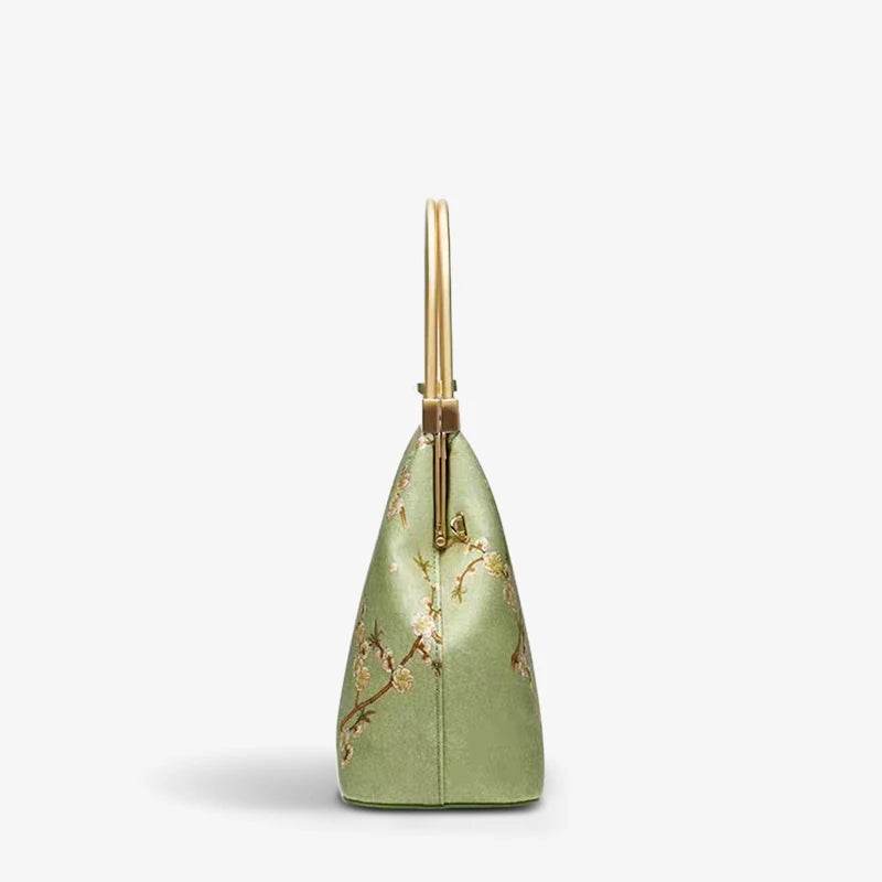 Mulberry Silk Luxury Light Green Kiss Lock Clutch Bag - SinoCultural -- P170118 -