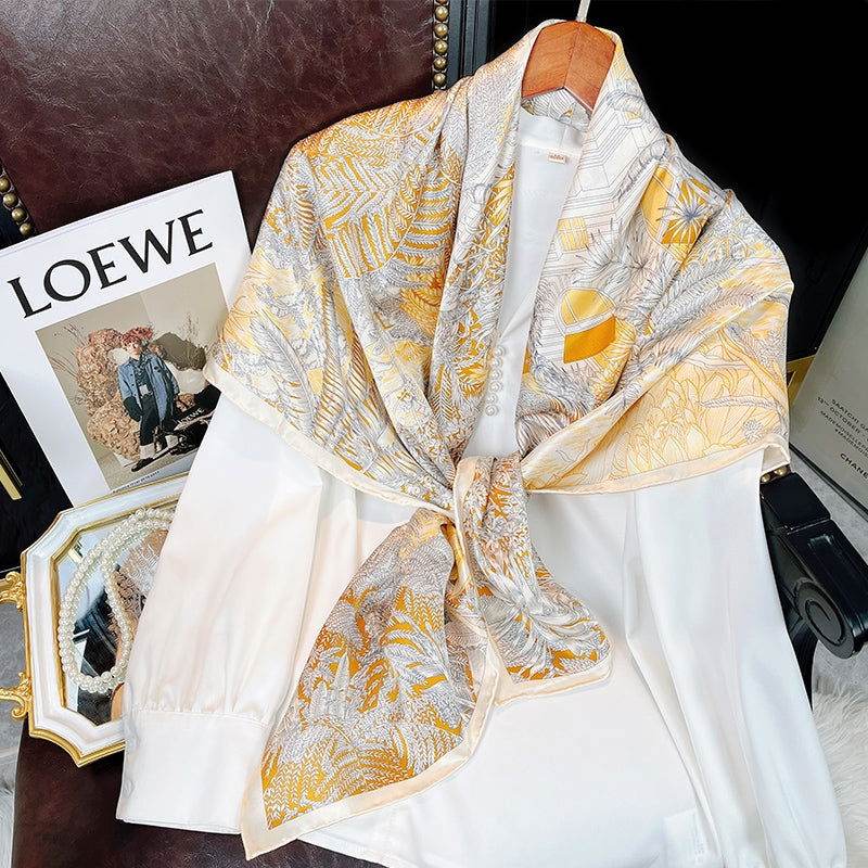 Mulberry Silk 14 Momme Square Scarf Vibrant Floral Gold 88x88 cm - SinoCultural -- CXFJ001