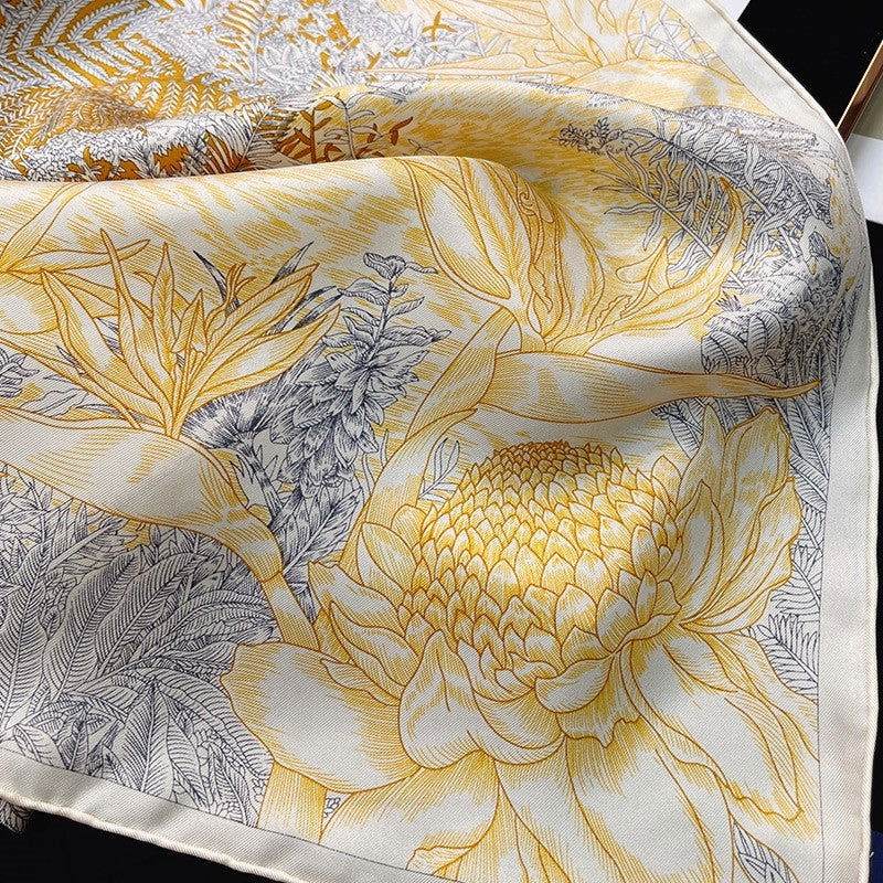 Mulberry Silk 14 Momme Square Scarf Vibrant Floral Gold 88x88 cm - SinoCultural -- CXFJ001