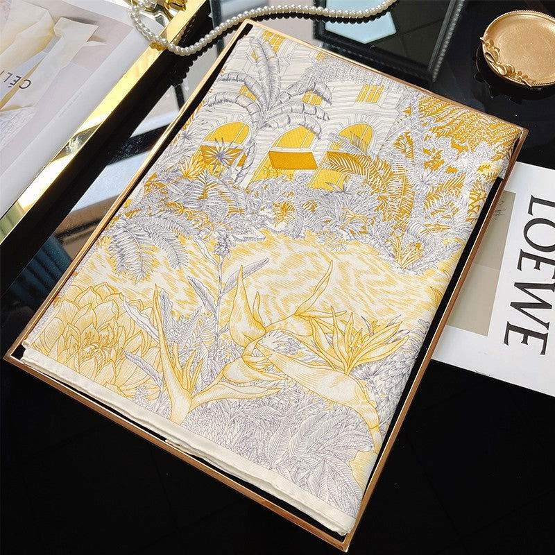 Mulberry Silk 14 Momme Square Scarf Vibrant Floral Gold 88x88 cm - SinoCultural -- CXFJ001