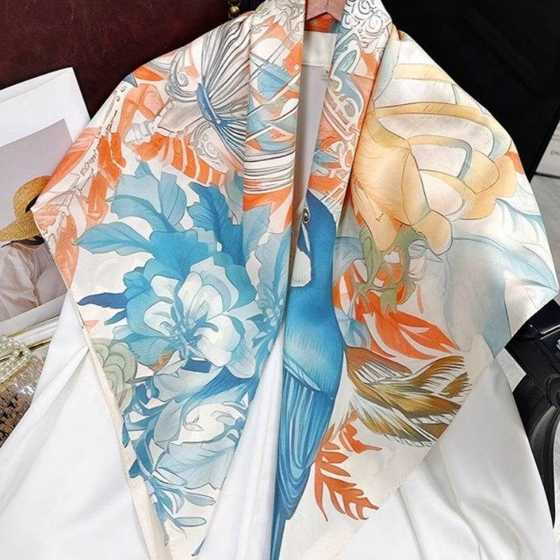 Mulberry Silk 14 Momme Square Scarf Floral and Avian 88x88 cm - SinoCultural -- CXFJ018