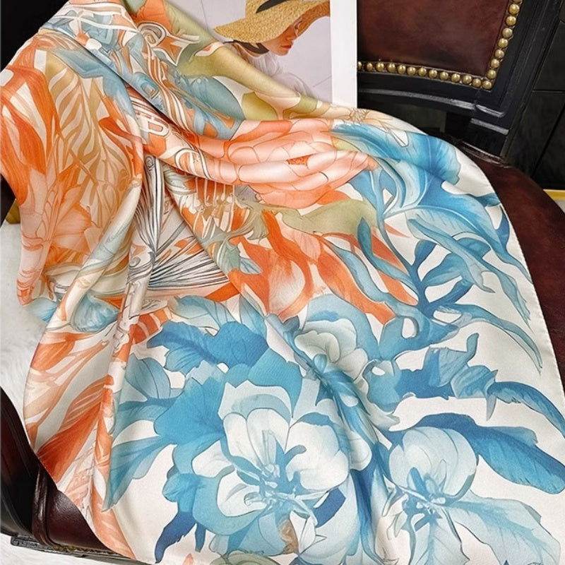 Mulberry Silk 14 Momme Square Scarf Floral and Avian 88x88 cm - SinoCultural -- CXFJ018