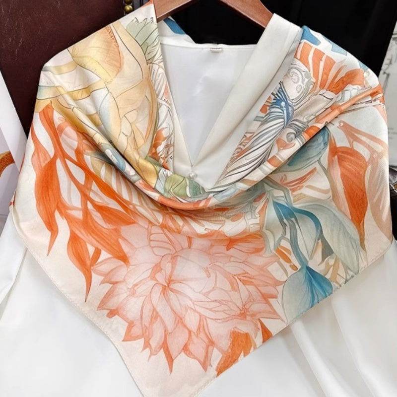 Mulberry Silk 14 Momme Square Scarf Floral and Avian 88x88 cm - SinoCultural -- CXFJ018