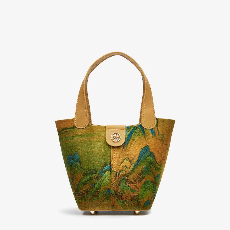 Chinese Painting Mulberry Silk Traditional Gold Basket Bag - SinoCultural -- P170090