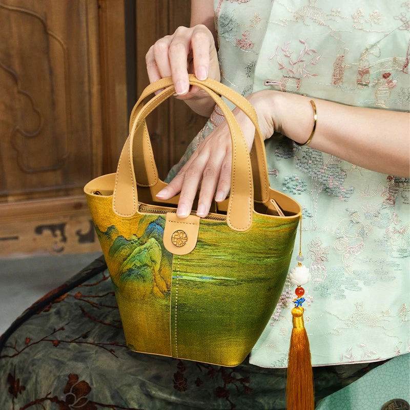 Chinese Painting Mulberry Silk Traditional Gold Basket Bag - SinoCultural -- P170090