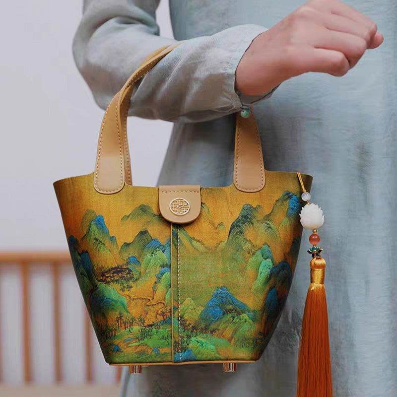 Chinese Painting Mulberry Silk Traditional Gold Basket Bag - SinoCultural -- P170090