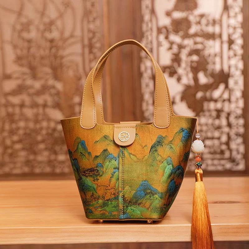 Chinese Painting Mulberry Silk Traditional Gold Basket Bag - SinoCultural -- P170090