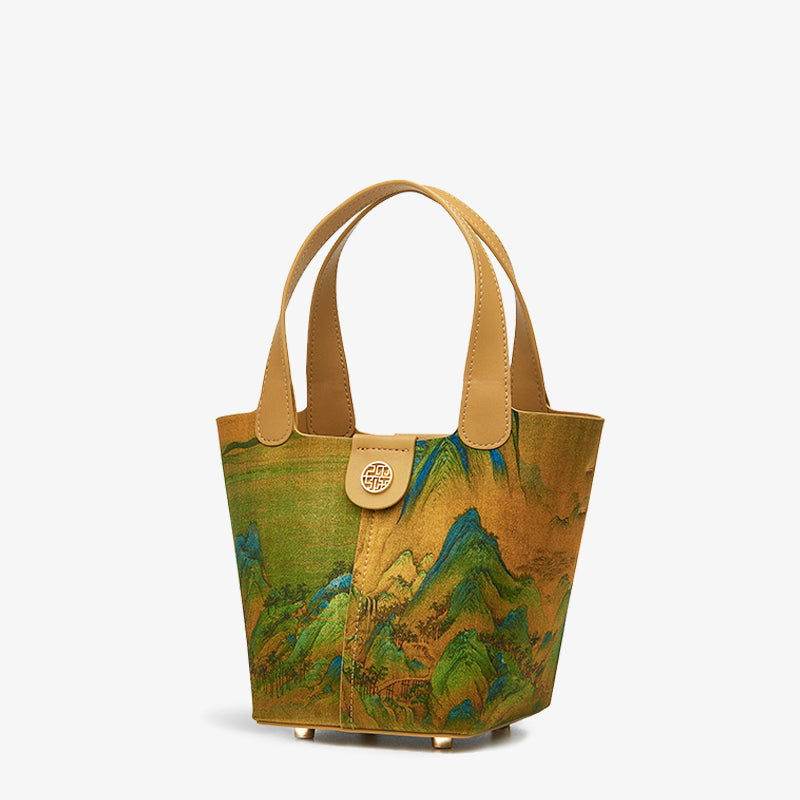 Chinese Painting Mulberry Silk Traditional Gold Basket Bag - SinoCultural -- P170090
