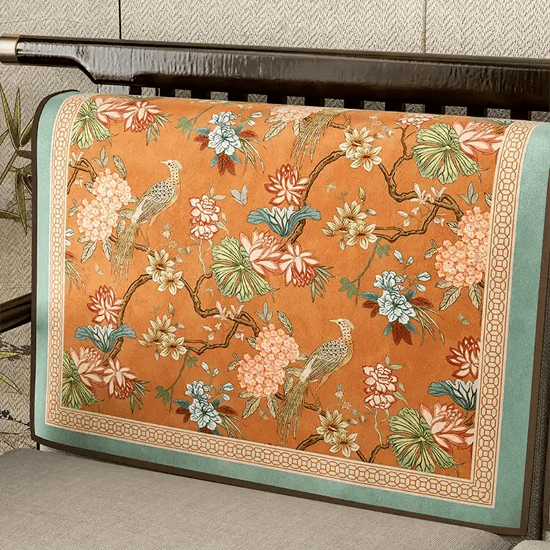 Chinoiserie Vintage Orange Mountain Bird Hydrangea Sofa Slipcover - SinoCultural -- S0C001A9090