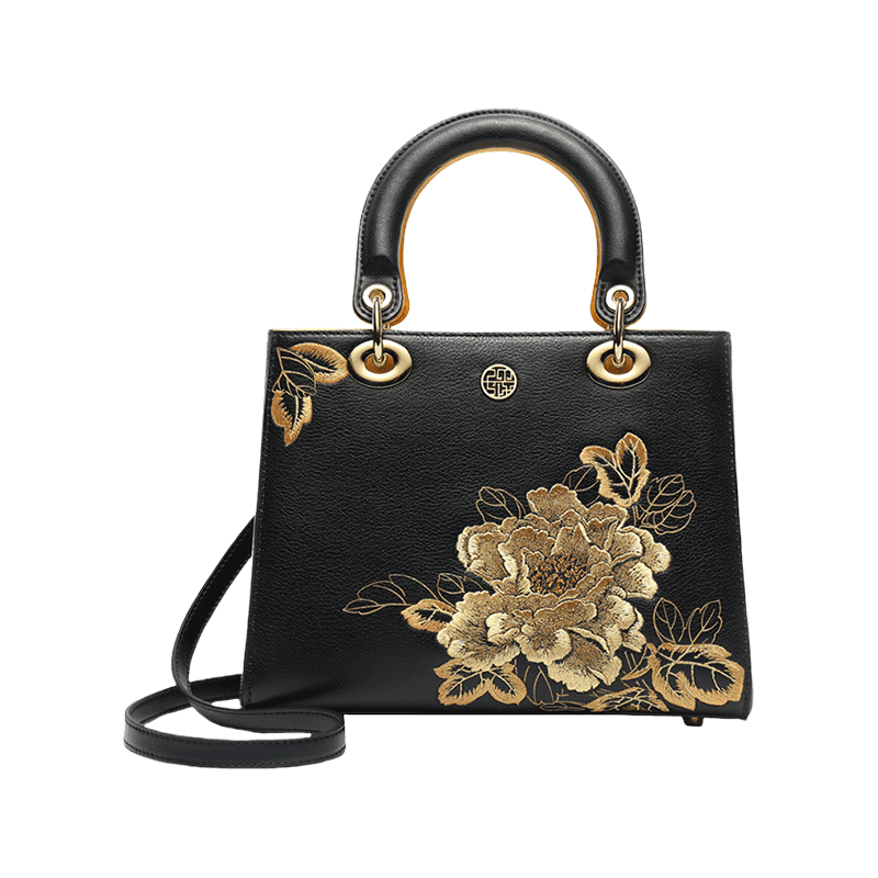 Embroidery Leather Black Lady Bag Gold Peony Luxury Handbag - SinoCultural -- P110146-1 -
