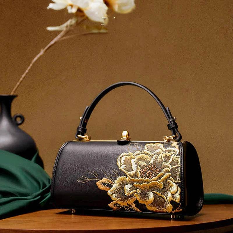 Embroidery Leather Kiss Lock Bag Royal Gold Peony Luxury Handbag - SinoCultural -- P110149-2