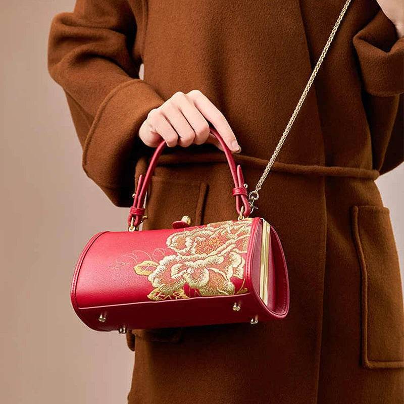 Embroidery Leather Kiss Lock Bag Royal Gold Peony Luxury Handbag - SinoCultural -- P110149-2