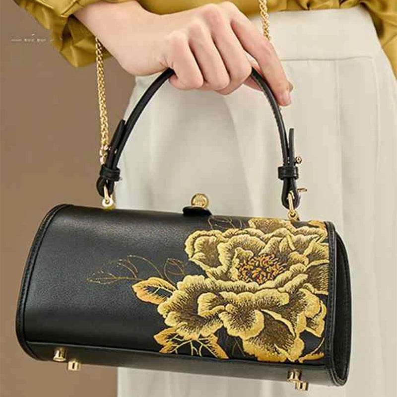 Embroidery Leather Kiss Lock Bag Royal Gold Peony Luxury Handbag - SinoCultural -- P110149-2