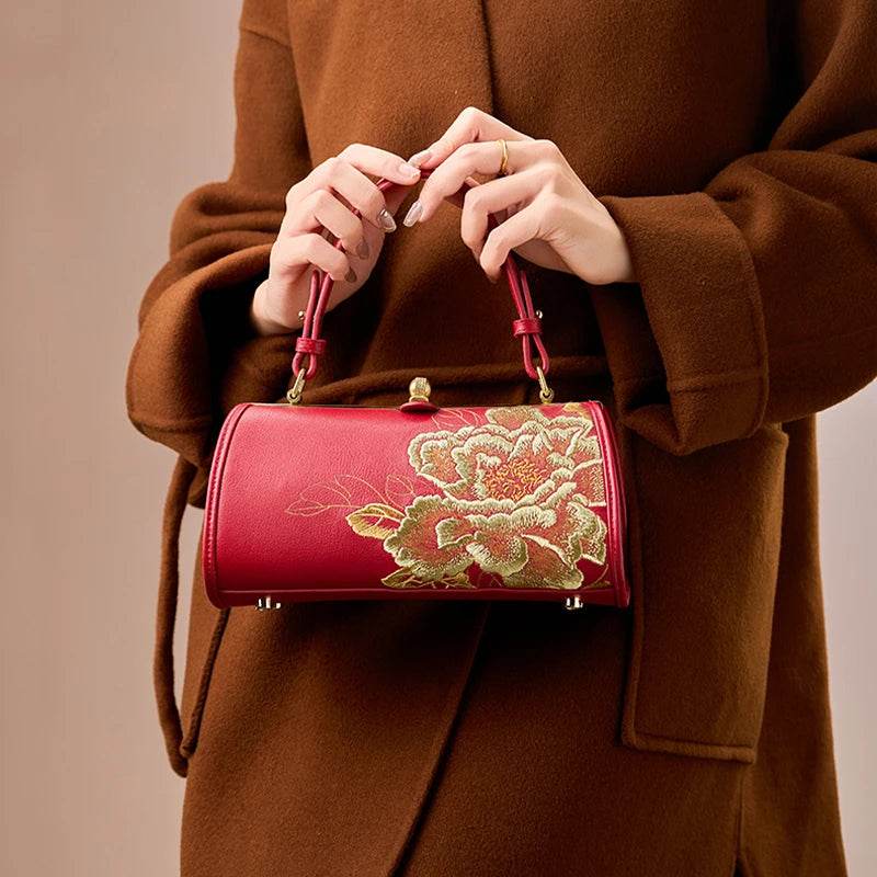 Embroidery Leather Kiss Lock Bag Royal Gold Peony Luxury Handbag - SinoCultural -- P110149-2