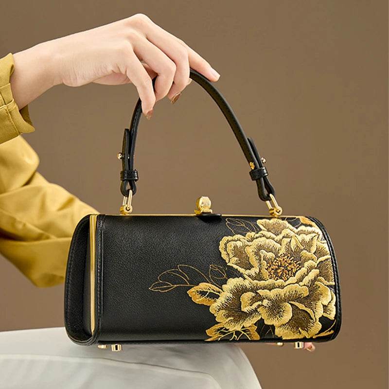 Embroidery Leather Kiss Lock Bag Royal Gold Peony Luxury Handbag - SinoCultural -- P110149-2
