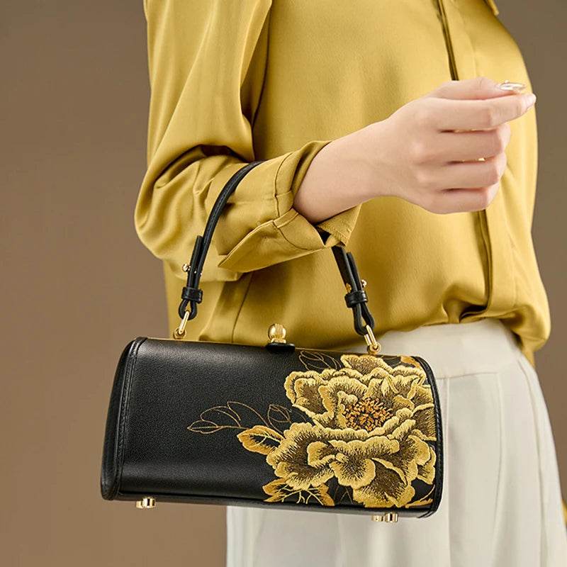 Embroidery Leather Kiss Lock Bag Royal Gold Peony Luxury Handbag - SinoCultural -- P110149-2