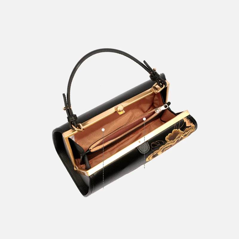 Embroidery Leather Kiss Lock Bag Royal Gold Peony Luxury Handbag - SinoCultural -- P110149-2