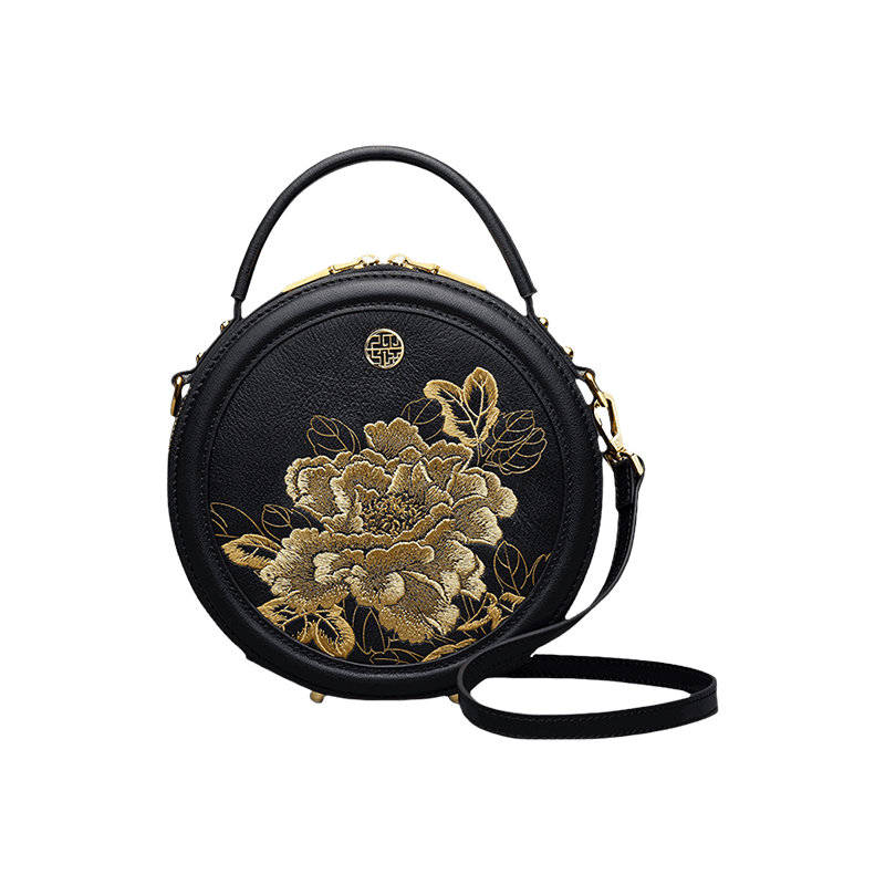 Embroidery Leather Round Handbag High Luxury Royal Gold Peony - SinoCultural -- P110171