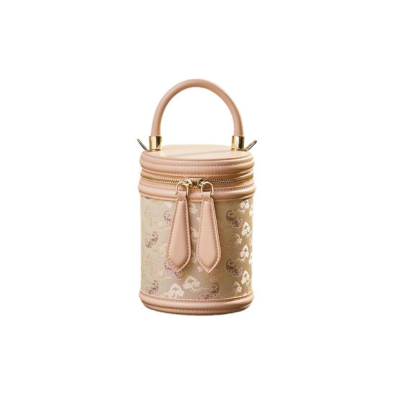 Song Brocade Leather Bucket Cylinder Bag - SinoCultural -- P11017902BG -