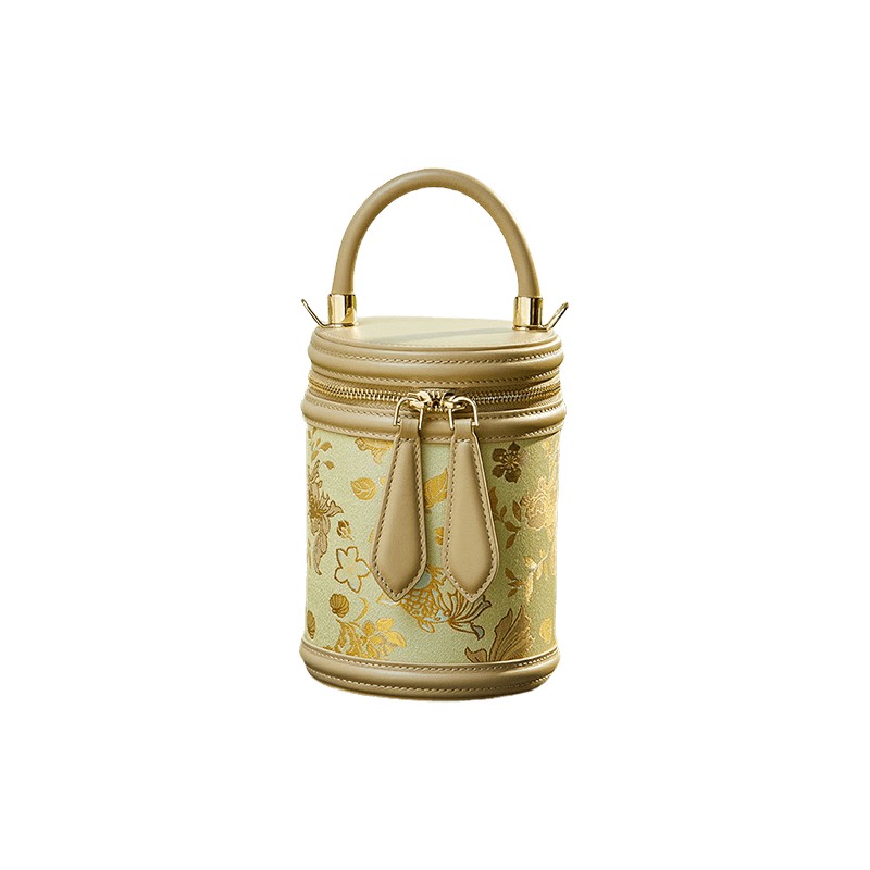 Song Brocade Leather Bucket Cylinder Bag - SinoCultural -- P11017902BN