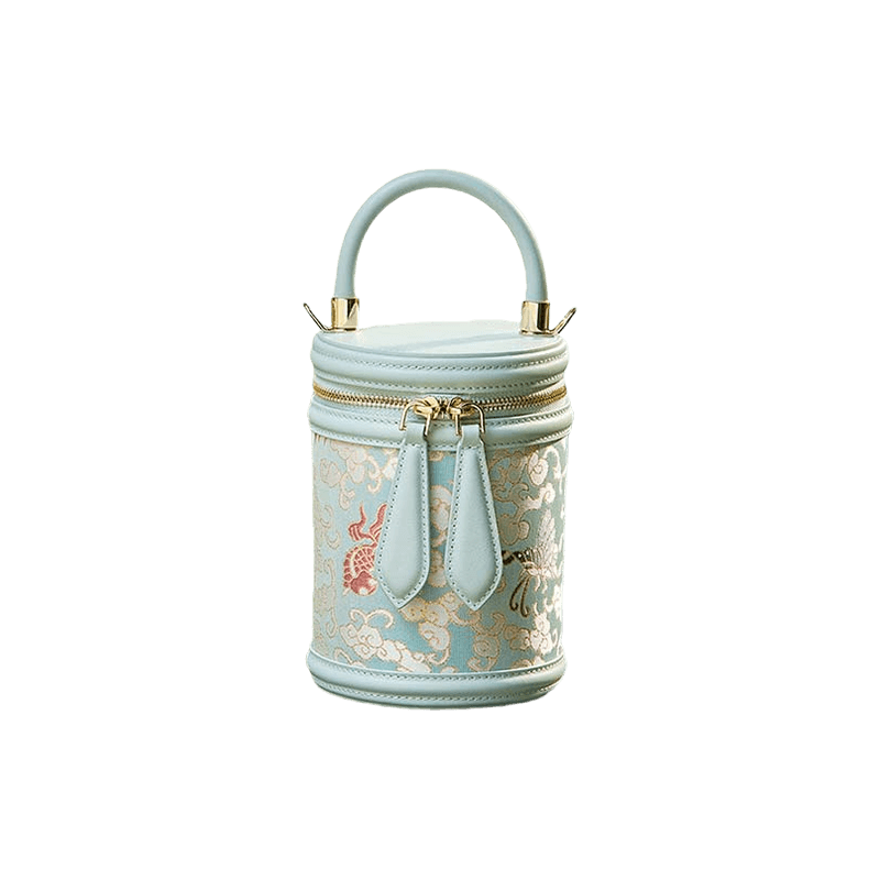 Song Brocade Leather Bucket Cylinder Bag - SinoCultural -- P11017902LB-2 -