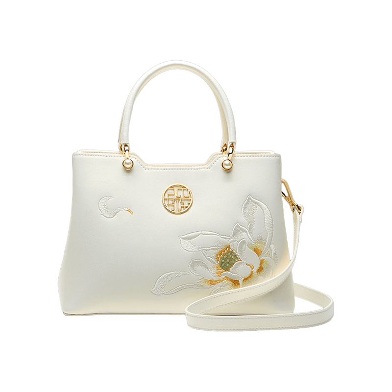 Embroidery Leather White Crossbody Tote Bag Lotus Luxury Gift - SinoCultural -- P120279 -