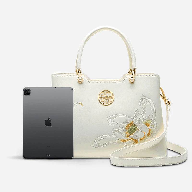 Embroidery Leather White Crossbody Tote Bag Lotus Luxury Gift - SinoCultural -- P120279 -