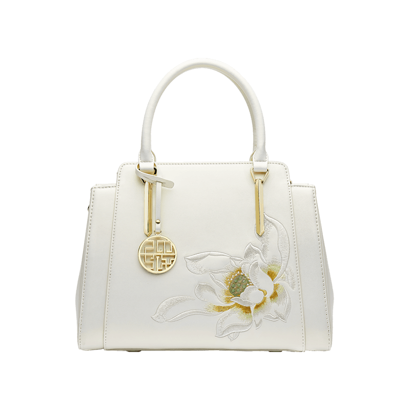 Sinocultural Embroidery Leather Tote Bag White Lotus Crossbody Bag - SinoCultural -- P120317 -