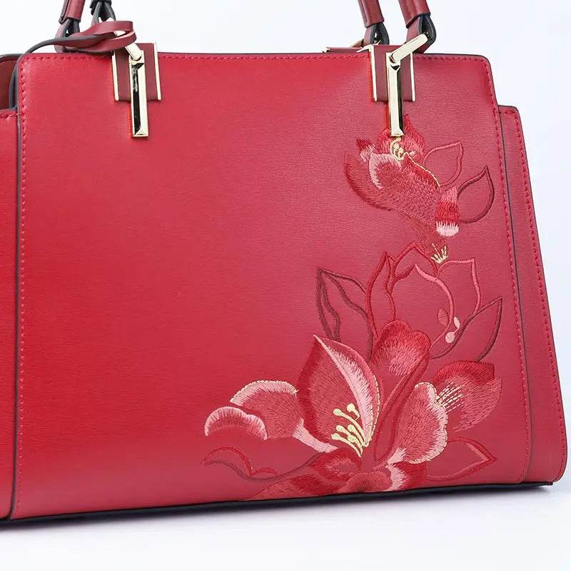 Embroidery Leather Magnolia Crossbody Tote Bag Women Handbag - SinoCultural -- P120335-2