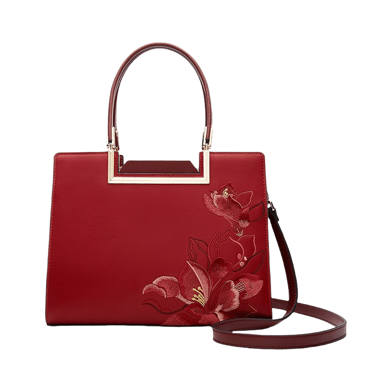 Sinocultural Embroidery Leather Red Tote Bag Magnolia Women's Handbag - SinoCultural -- P120346-1 -