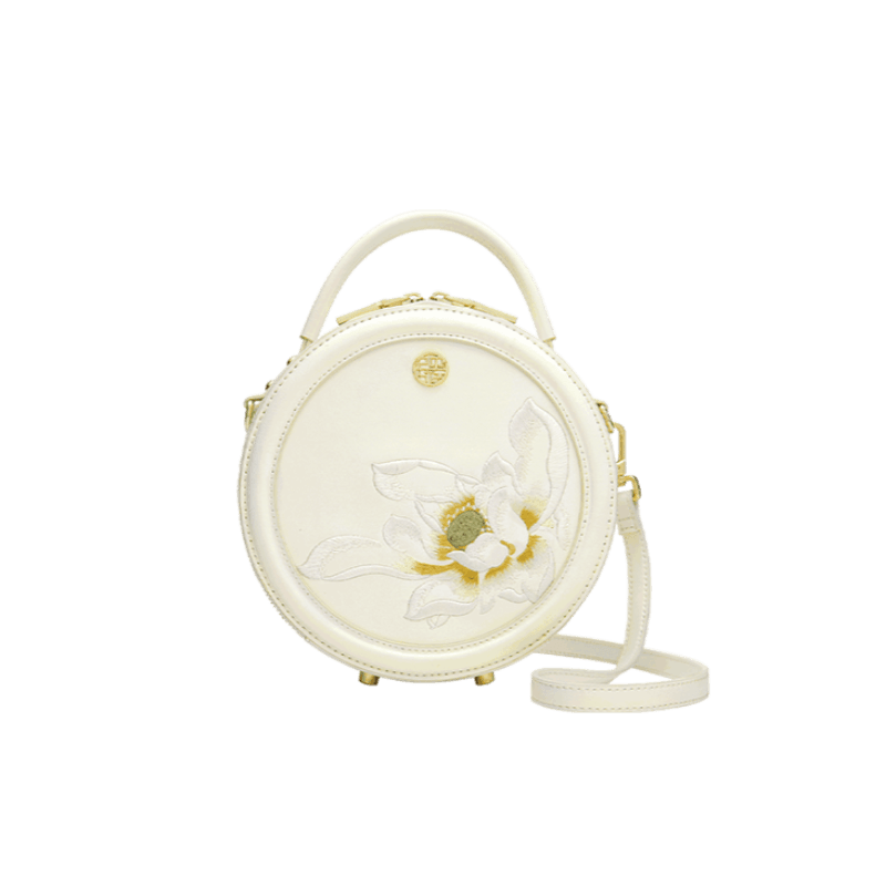 Embroidery Leather White Round Handbag Lotus - SinoCultural -- P120355 -