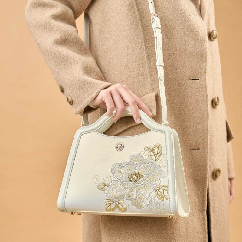 Embroidery Peony White Leather Tote Bag - SinoCultural -- P120432