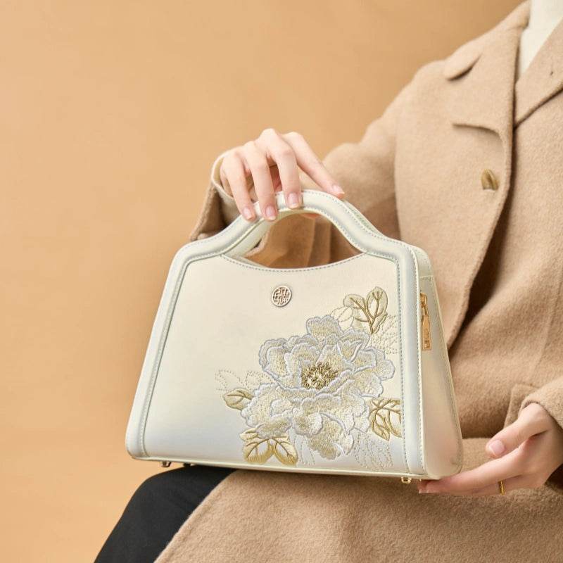 Embroidery Peony White Leather Tote Bag - SinoCultural -- P120432