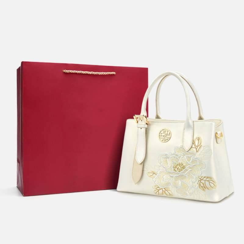 Embroidery Leather Tote Bag White Blooming Peony - SinoCultural -- P120436