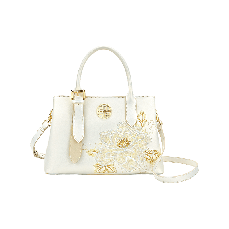 Embroidery Leather Tote Bag White Blooming Peony - SinoCultural -- P120436 -