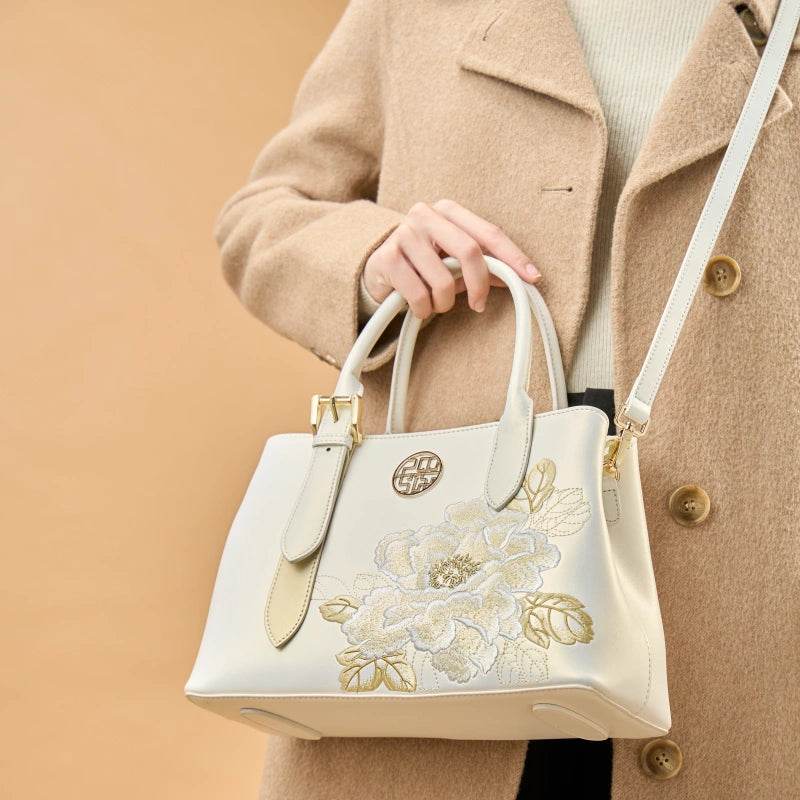 Embroidery Leather Tote Bag White Blooming Peony - SinoCultural -- P120436