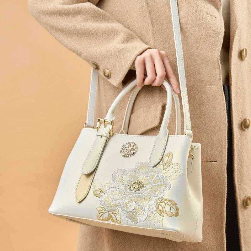 Embroidery Leather Tote Bag White Blooming Peony - SinoCultural -- P120436