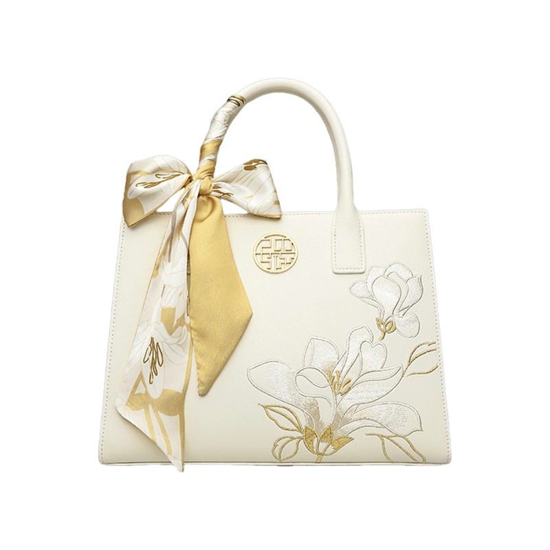 Embroidery Leather White Commuting Handbag Orchid with Scarf - SinoCultural -- P120437-1